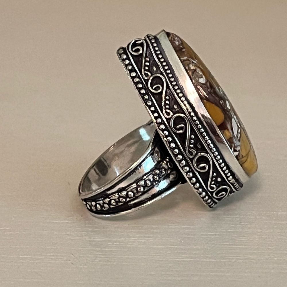 STATEMENT GEMSTONE RING SILVER OVERLAY BRECCIATED MOOKAITE SIZE 7.5-7.75 - Picture 2 of 7